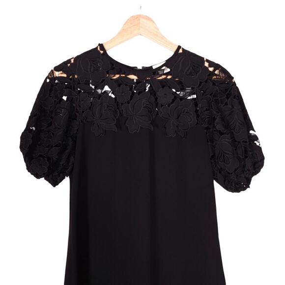 Shoshanna Anthropologie Womens Dress 0 Black Floral Lace A Line Mini Puff Sleeve - Picture 5 of 13